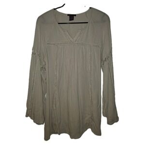 Imaginary Voyage Boho Peasant Top Women's‎ Size L Beige Crochet Trim Long Sleeve